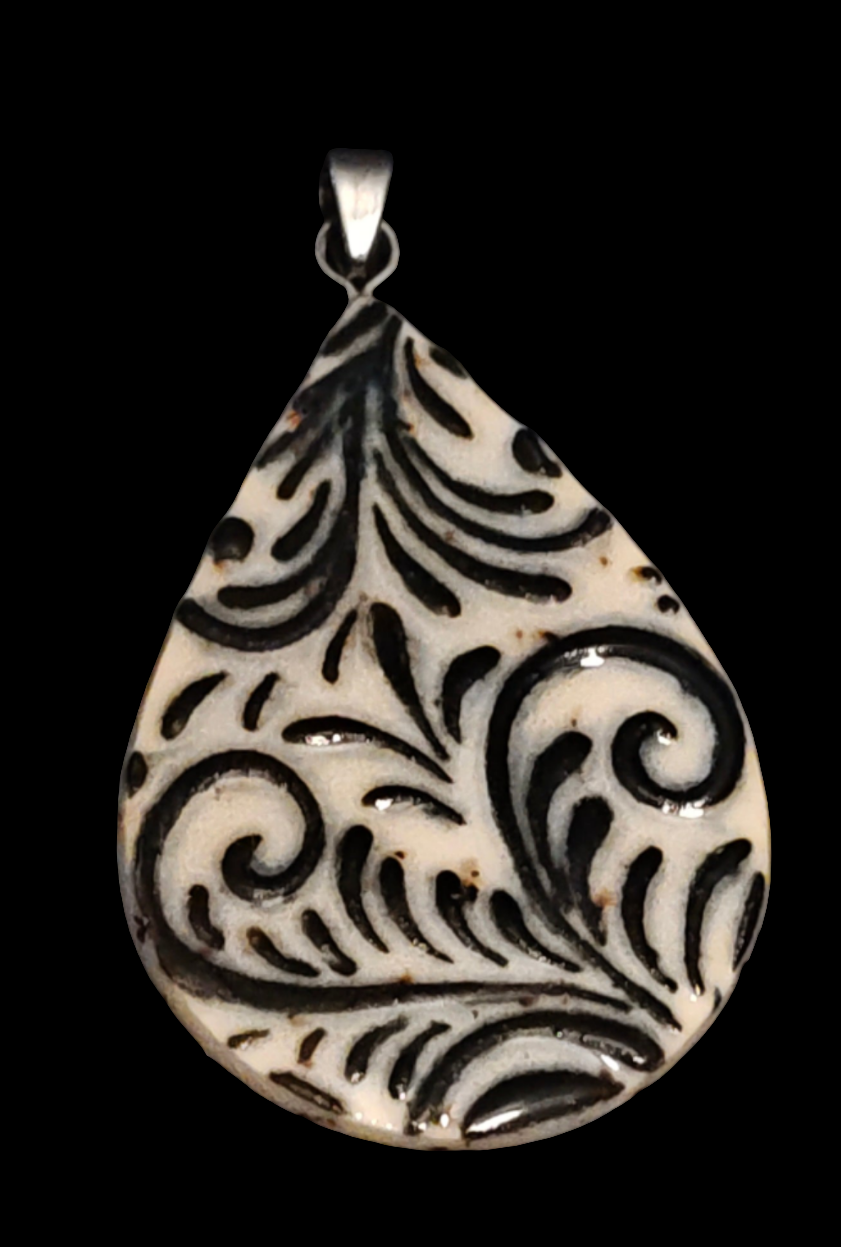 Black Hand Painted Scroll Pendant - P4