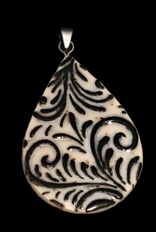 Black Hand Painted Scroll Pendant - P4