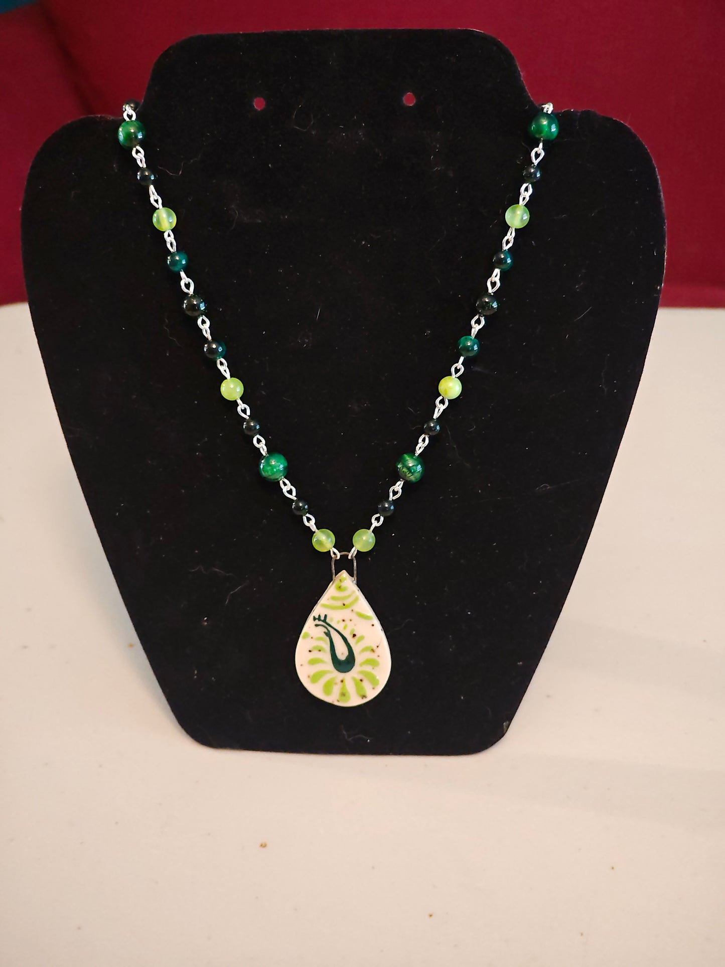 Green Beaded Necklace with Paisley Pendant - C119