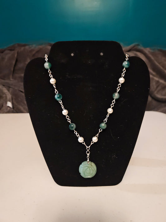 Jade and Glass Pearl Rose Necklace - C8