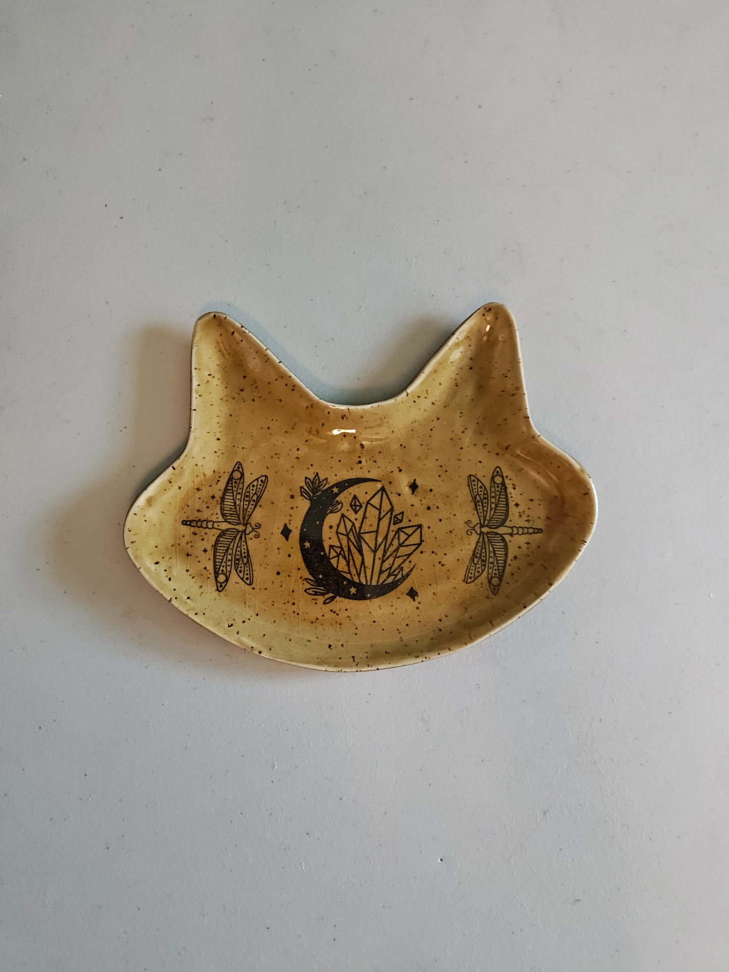 Cat Head Trinket Dish with Dragonflies