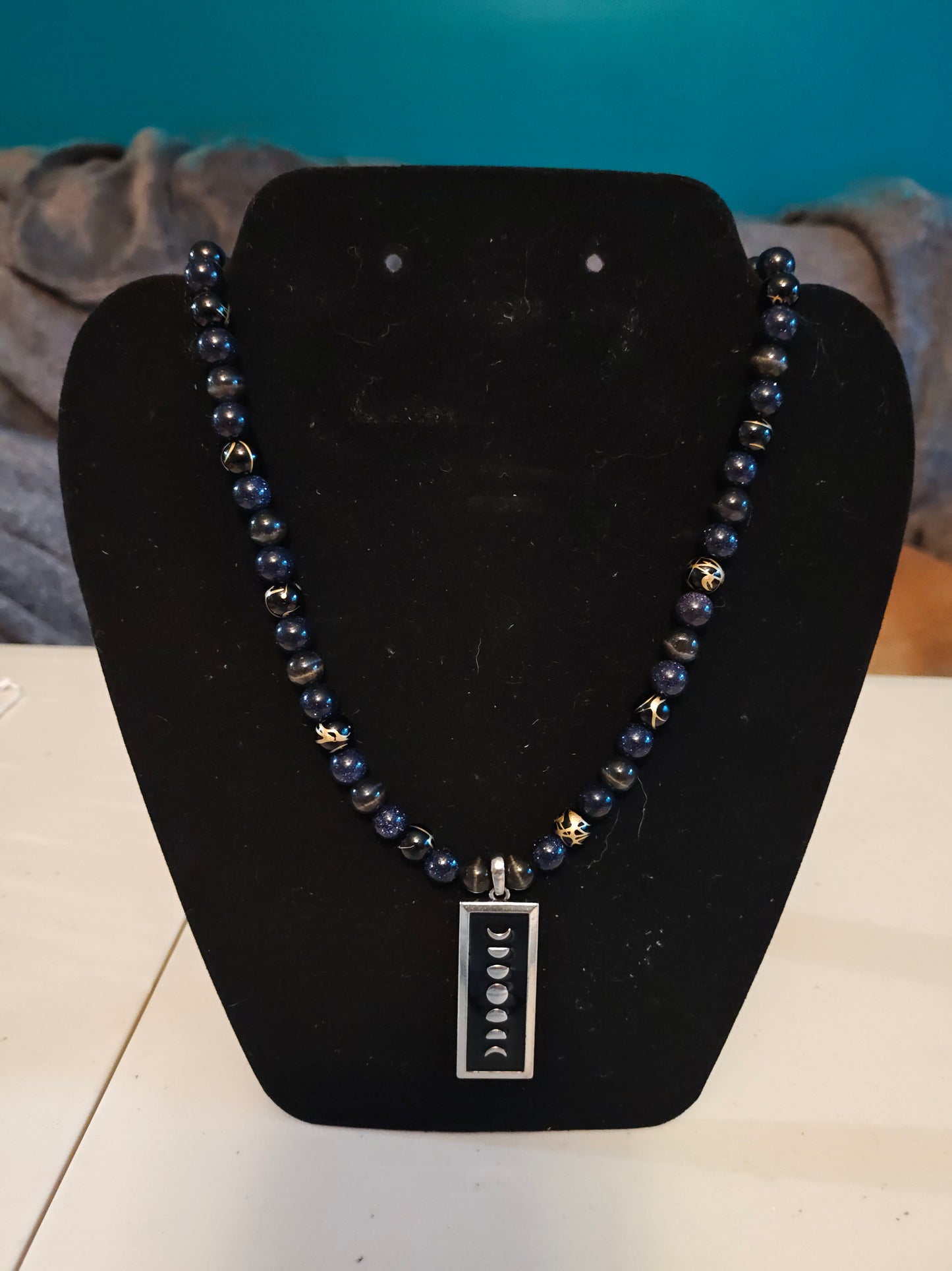 Black Stone and Blue Sandstone Necklace with Moon Phases Pendant - 32