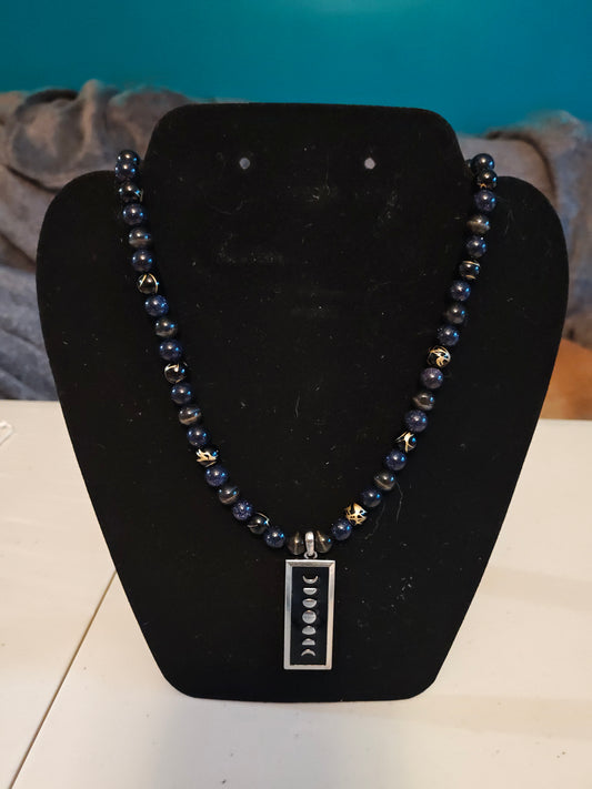 Black Stone and Blue Sandstone Necklace with Moon Phases Pendant - 32