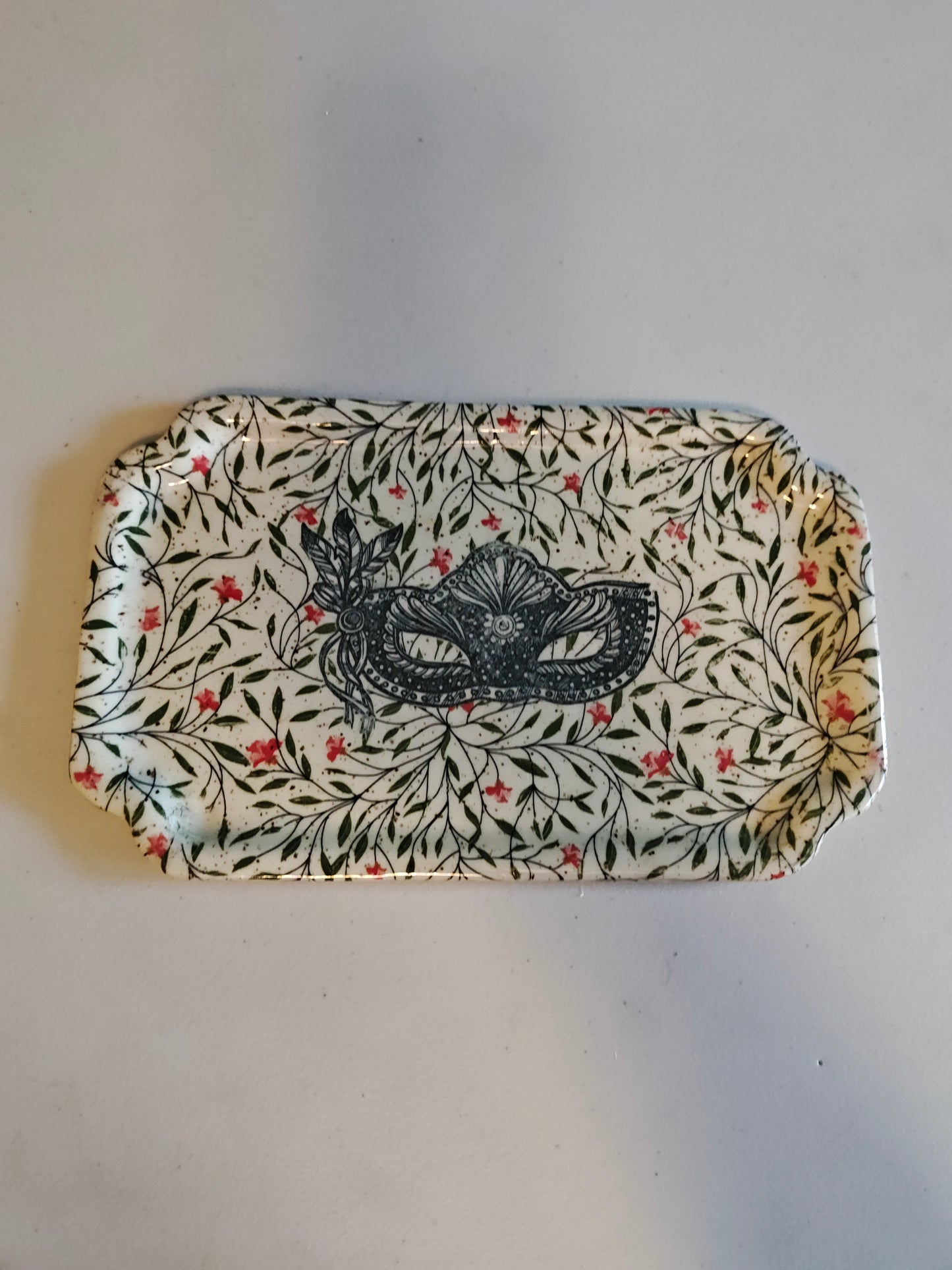 Rectangular Floral Plate with Mardi Gras Mask