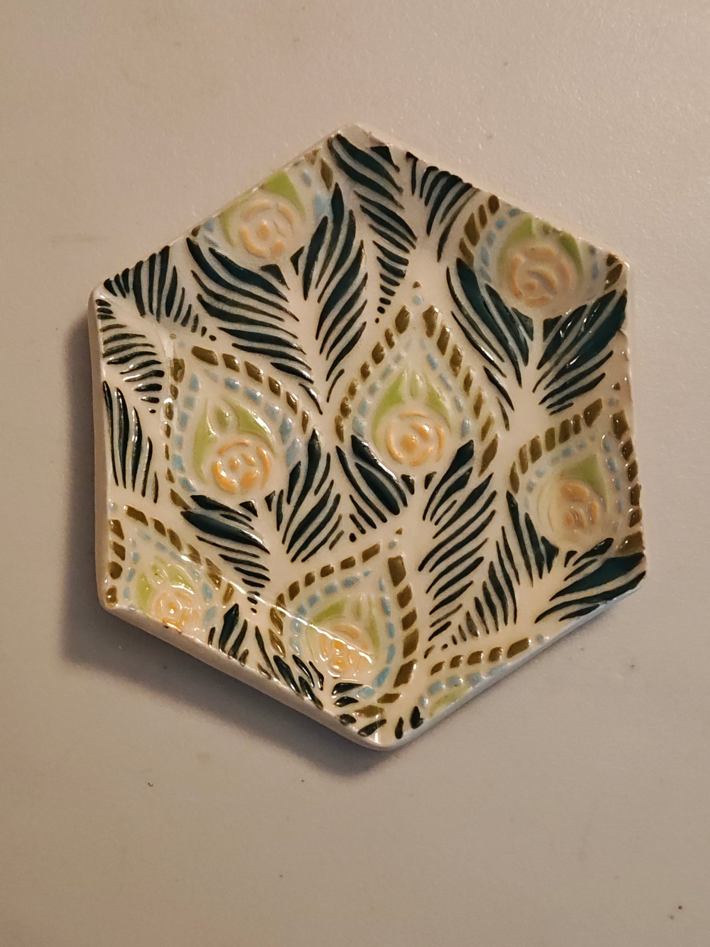 Hexagonal Peacock Feather Trinket Dish