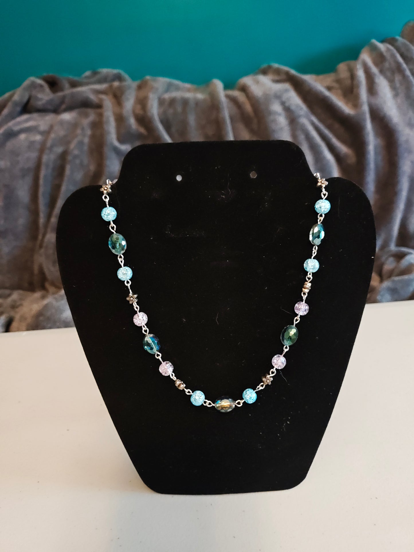 Pink and Blue Glass and Crystal Necklace - C35