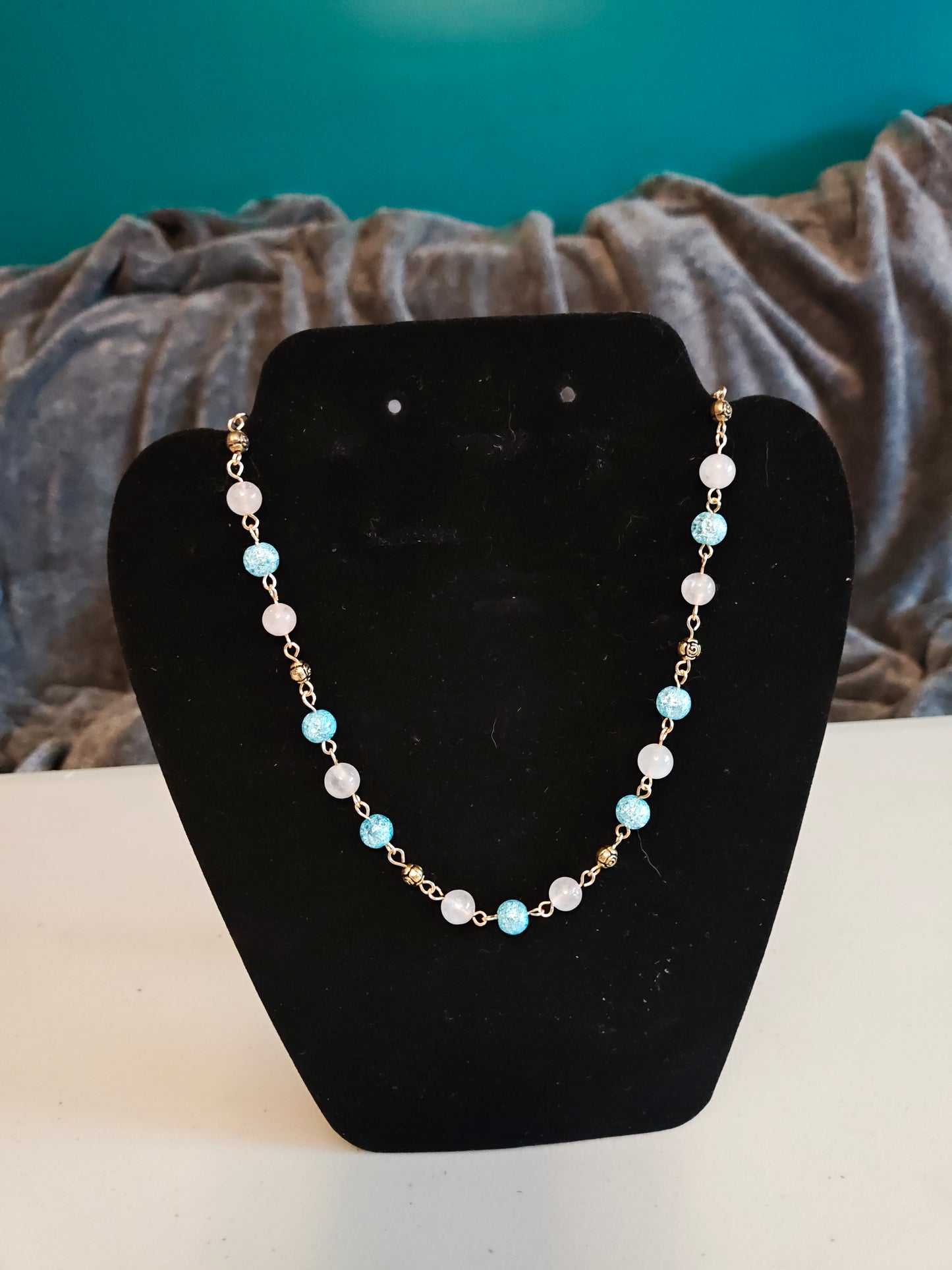 Pink Quartz and Blue Glass with Roses Necklace - C34