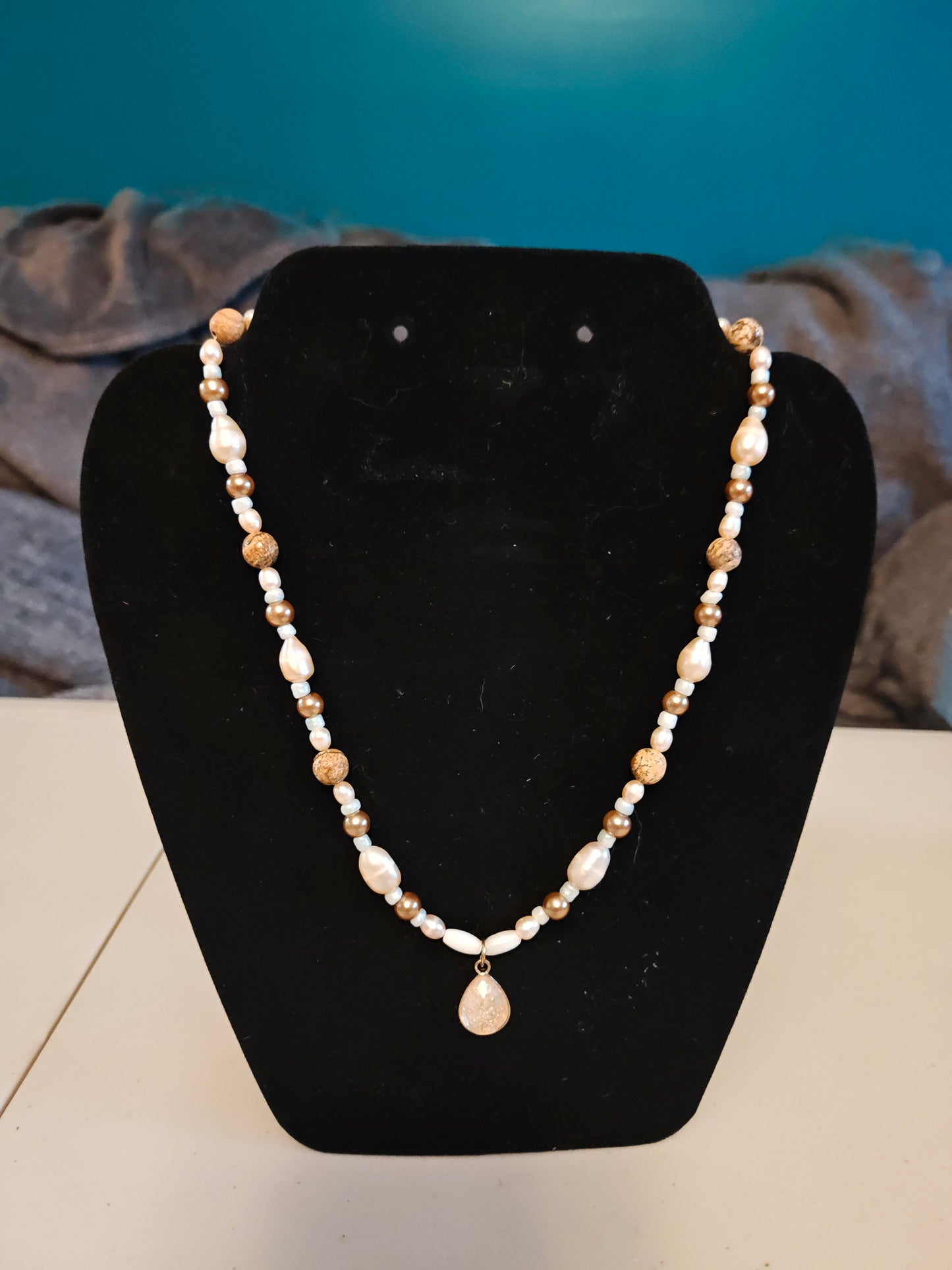 Freshwater Pearl and Jasper Necklace with Quartz Pendant - S30