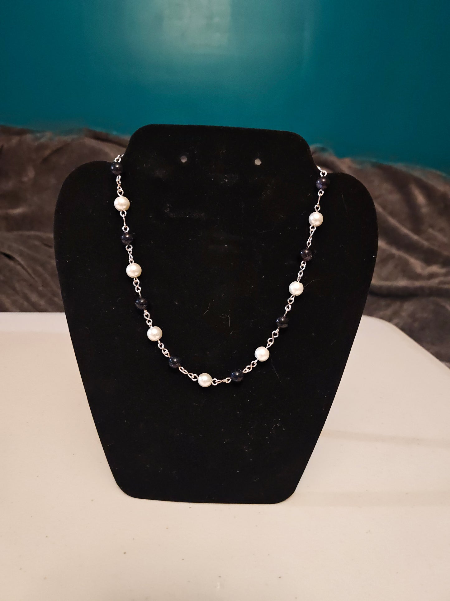 Blue Sandstone and Glass Pearl Necklace - C17