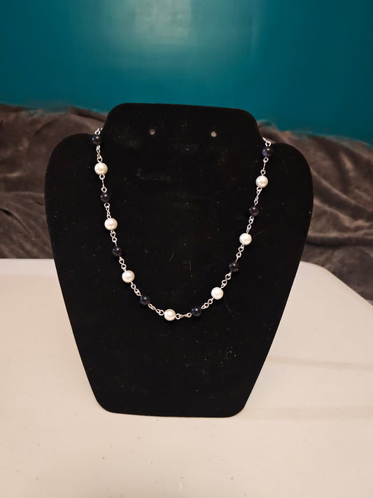 Blue Sandstone and Glass Pearl Necklace - C17