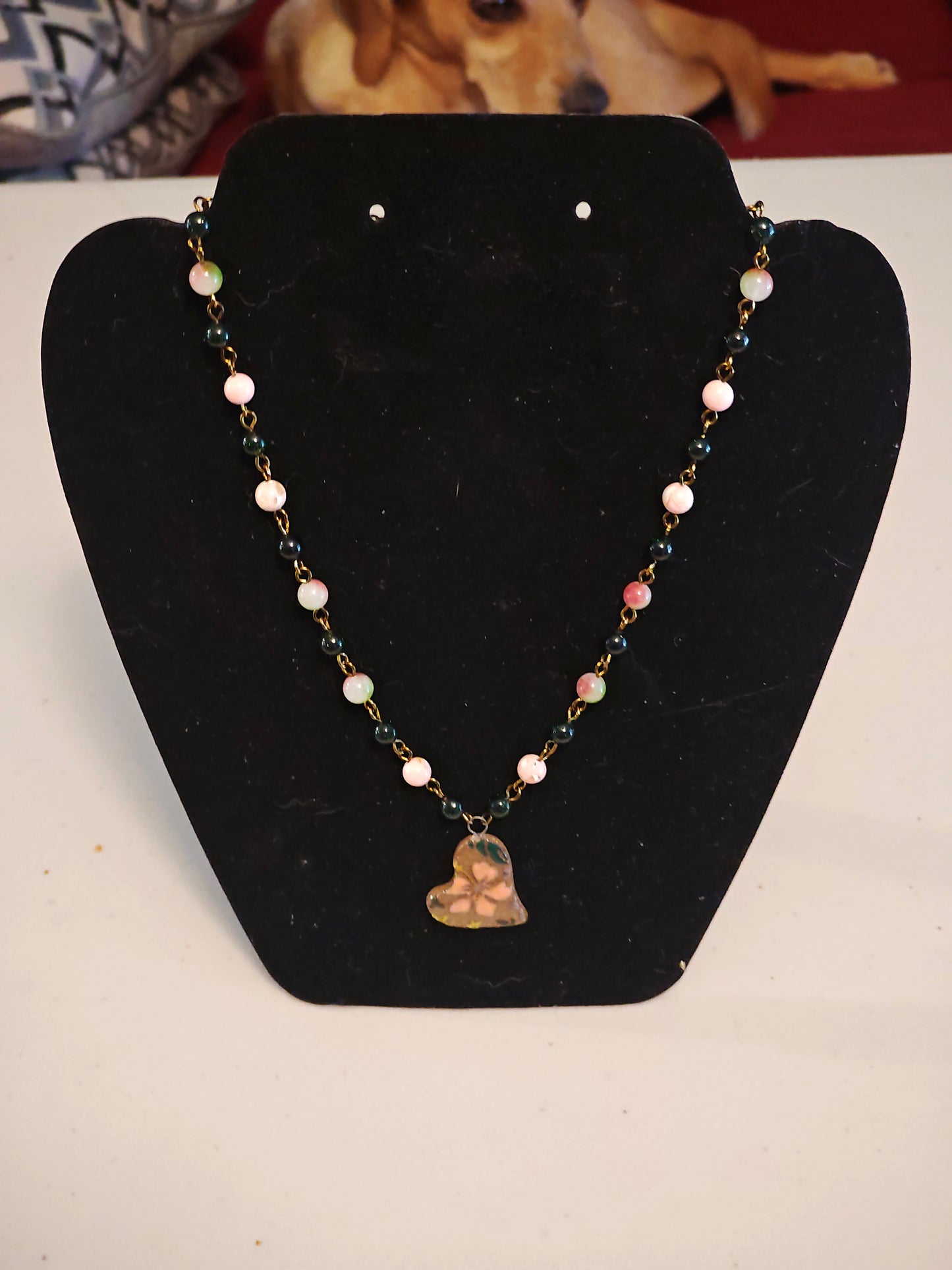 Pink and Green Beaded Necklace with Heart Shaped Pendant - C107