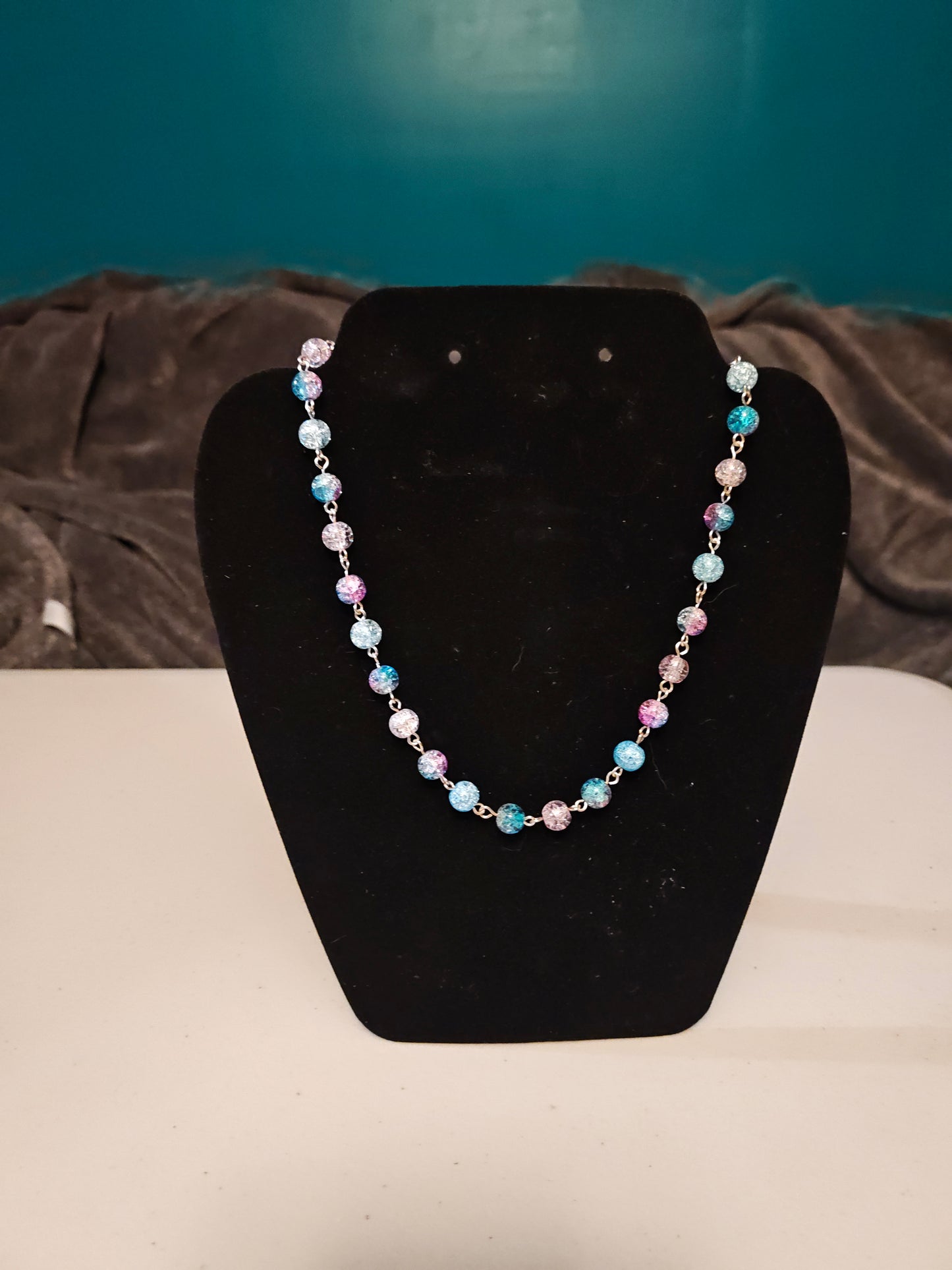 Pink and Blue Cracked Glass Necklace - C7