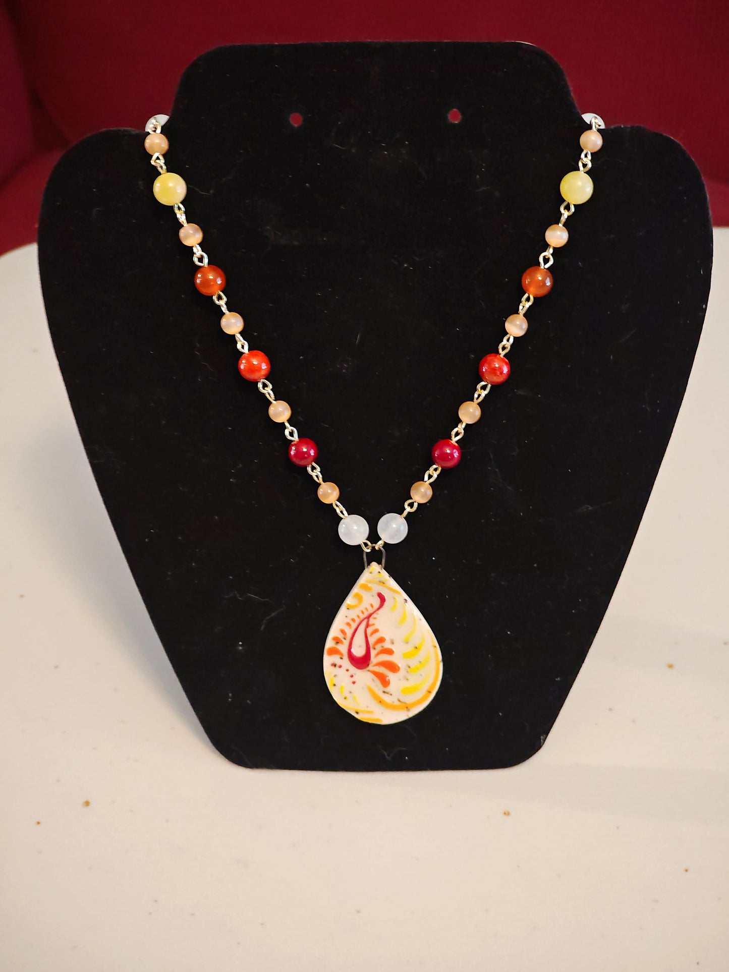 Warm Color Beaded Necklace with Paisley Pendant - C116