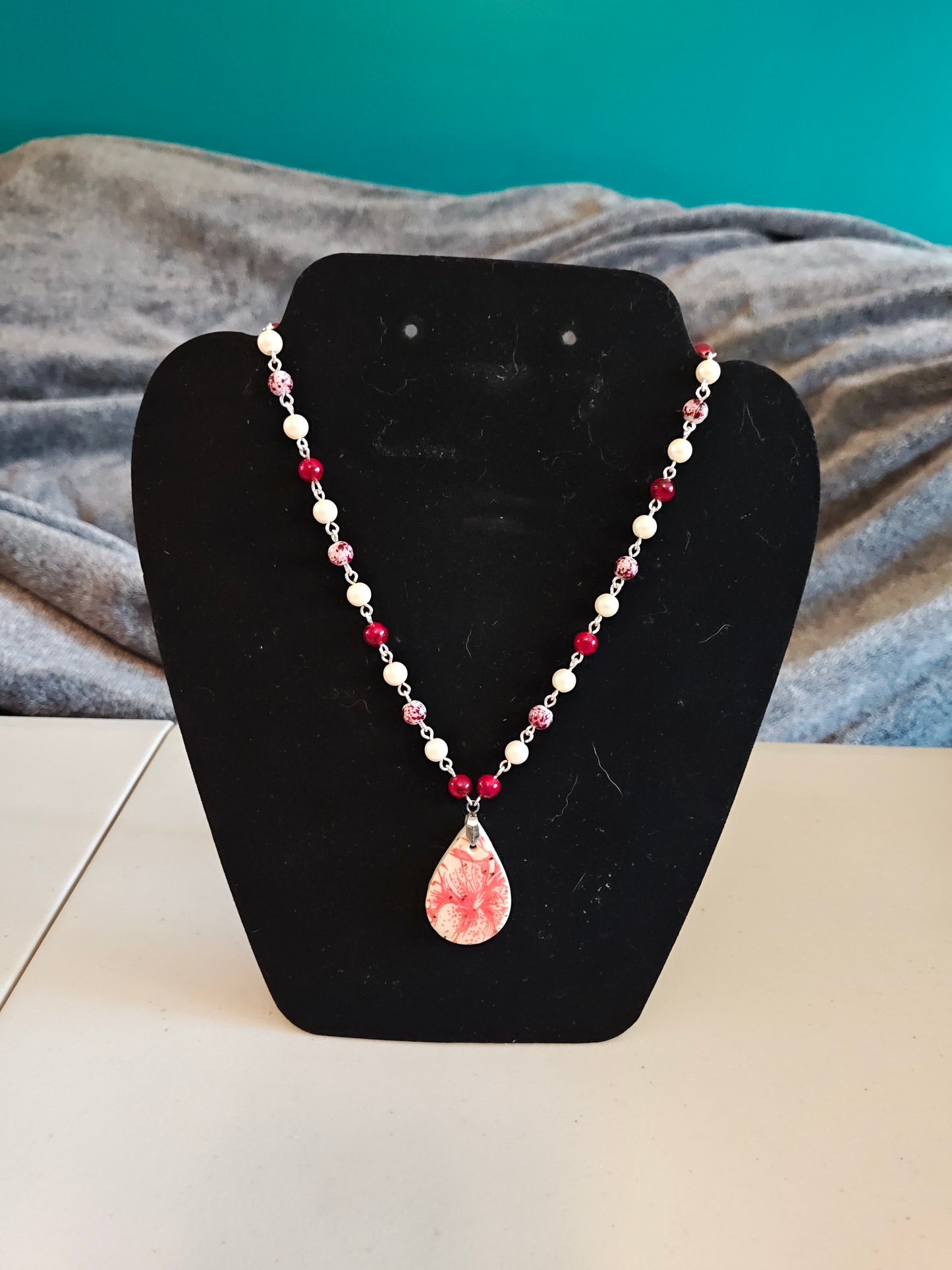 Red and White Necklace with Red Pendant - 63