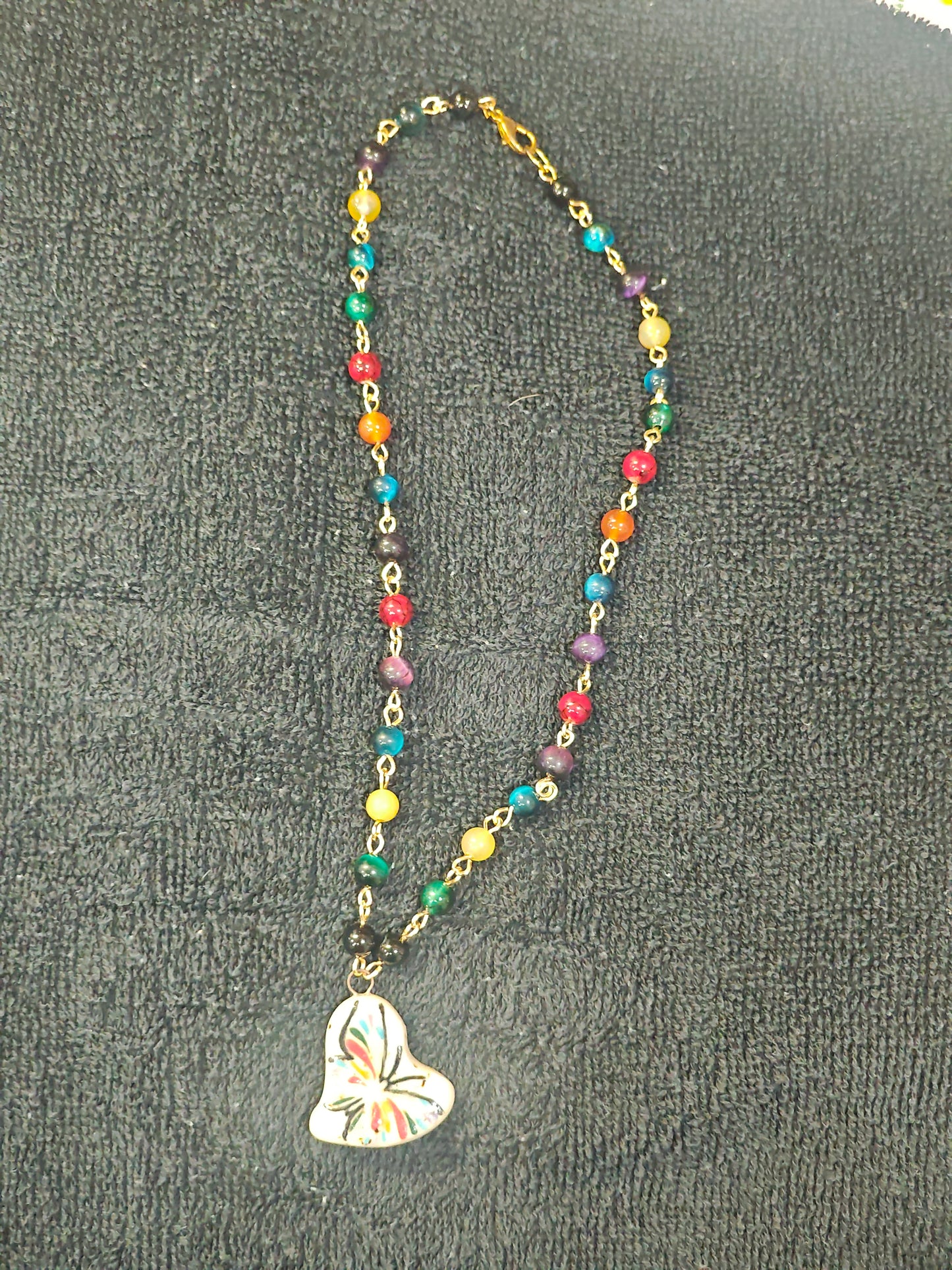 Rainbow Beaded Necklace with Heart Shaped Pendant - C114