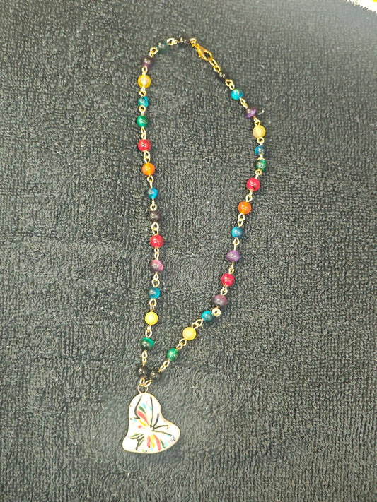 Rainbow Beaded Necklace with Heart Shaped Pendant - C114