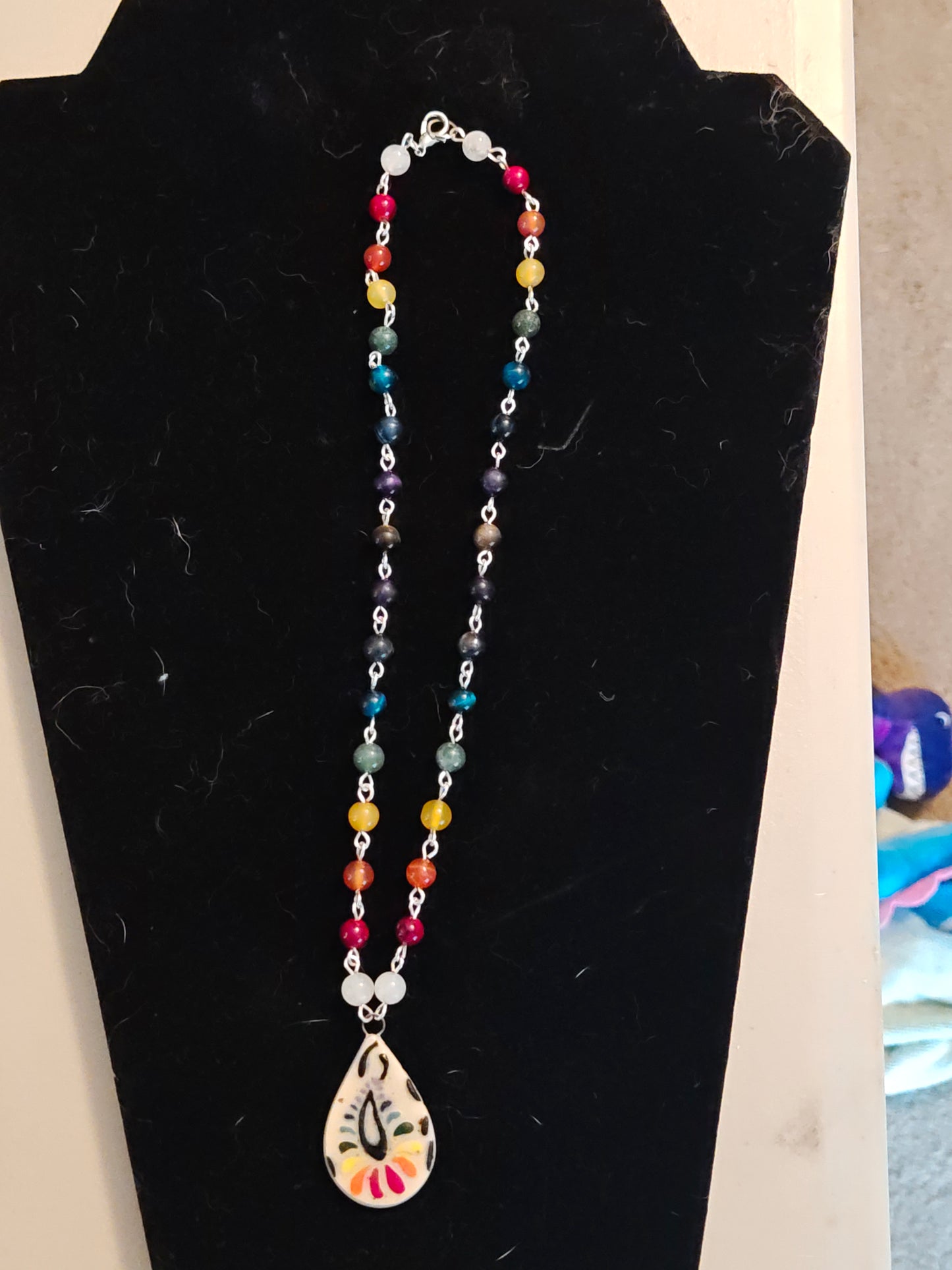 Rainbow Bead Necklace with Hand Painted Ceramic Pendant C105