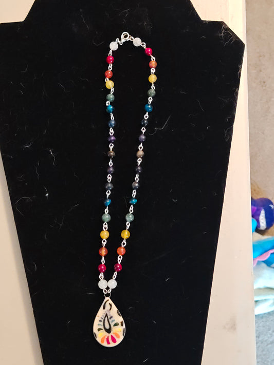 Rainbow Bead Necklace with Hand Painted Ceramic Pendant C105