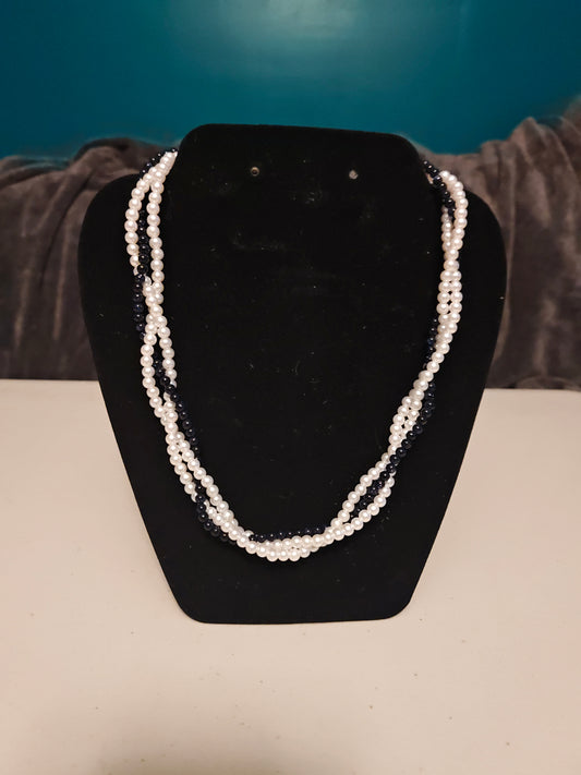 Three Strand Necklace with Fake Pearl and Blue Sandstone - 2