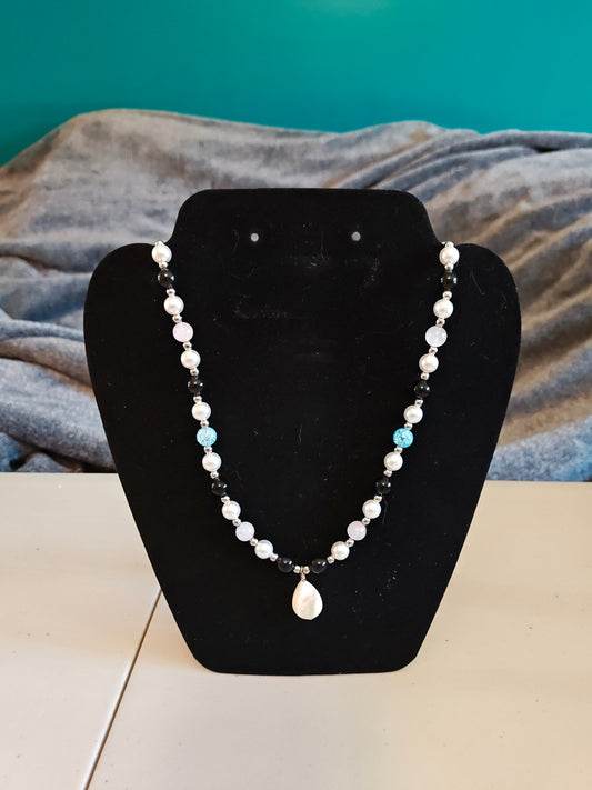 White, Pink, Black and Blue Stone Necklace with Shell Pendant - 33
