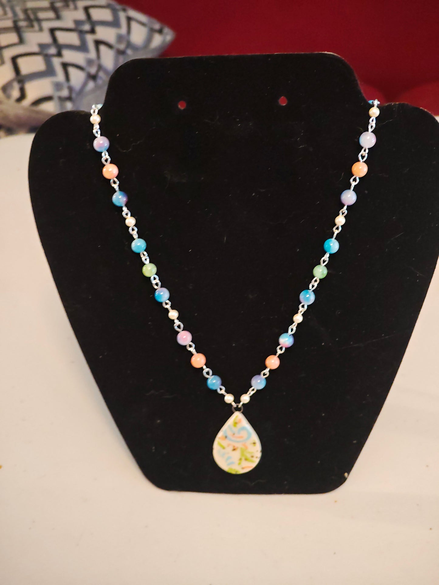 Pastel Beaded Necklace with Hand Painted Ceramic - C110
