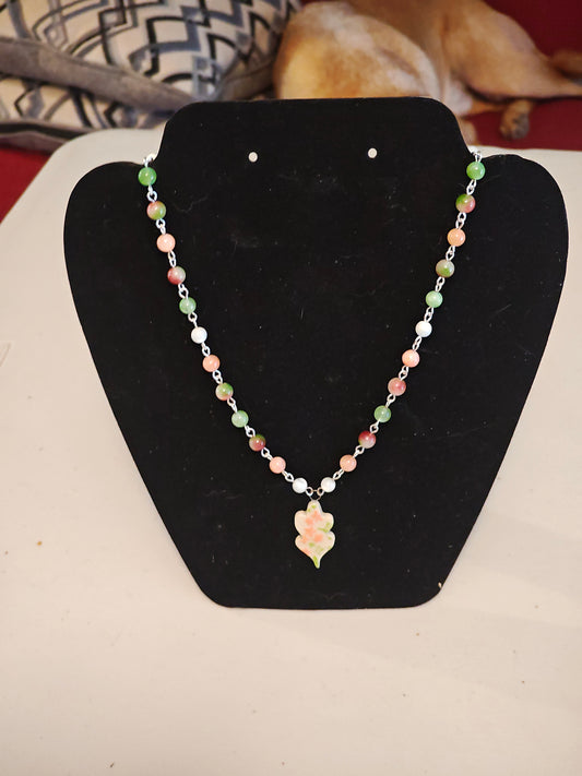 Pink and Green Beaded Necklace with Leaf Shaped Ceramic Pendant - C111