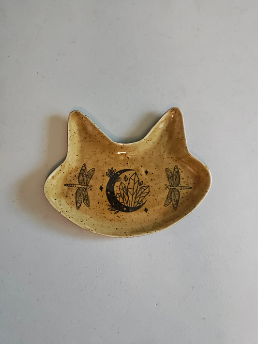Cat Head Trinket Dish with Dragonflies