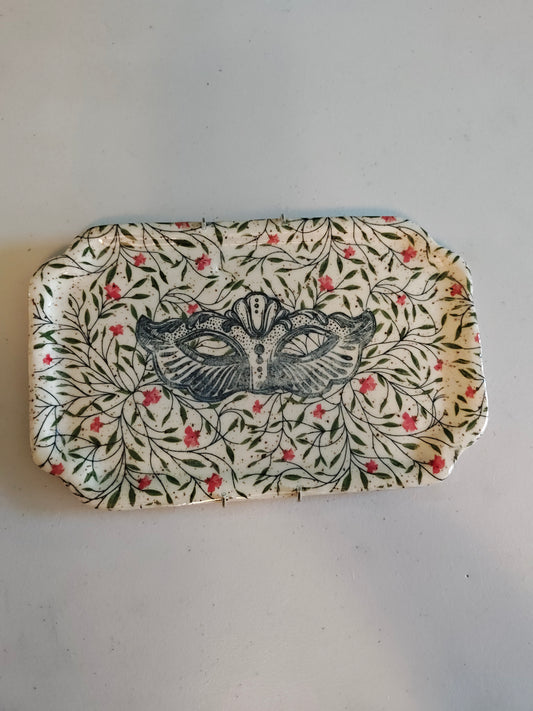 Rectangular Floral Plate with Mardi Gras Mask
