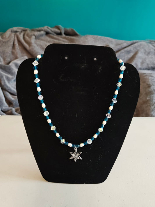 Crystal and Freshwater Pearl Necklace with Star Pendant - 23