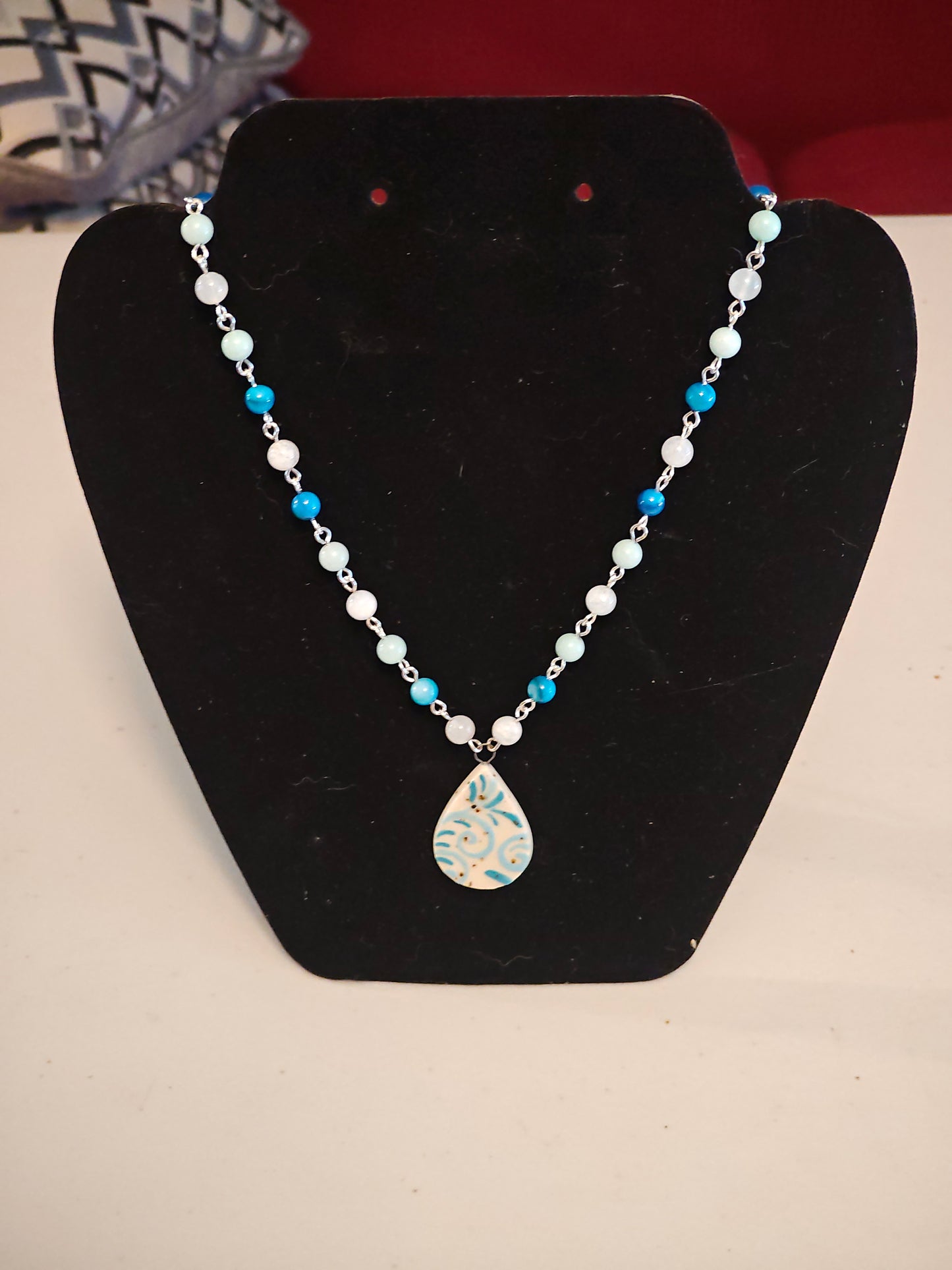 Blue Beaded Pendant with Blue Scrollwork Pendant - C112