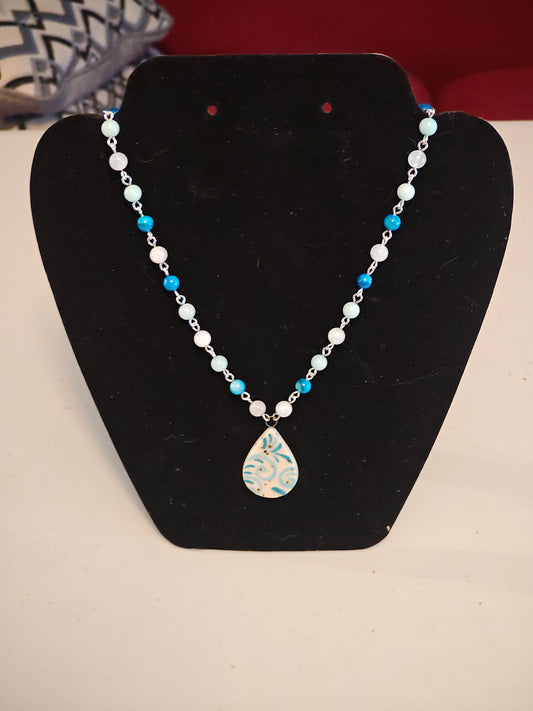 Blue Beaded Pendant with Blue Scrollwork Pendant - C112