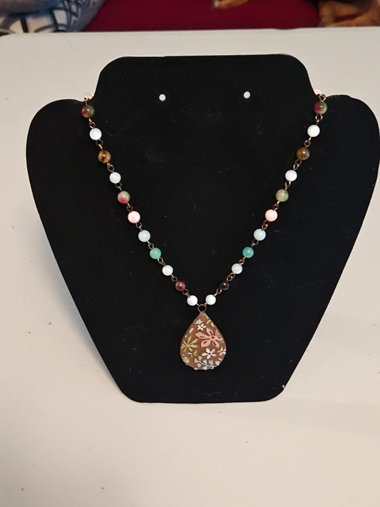 Green and Pink beaded Necklace with Floral Print Hand painted Pendant - C106