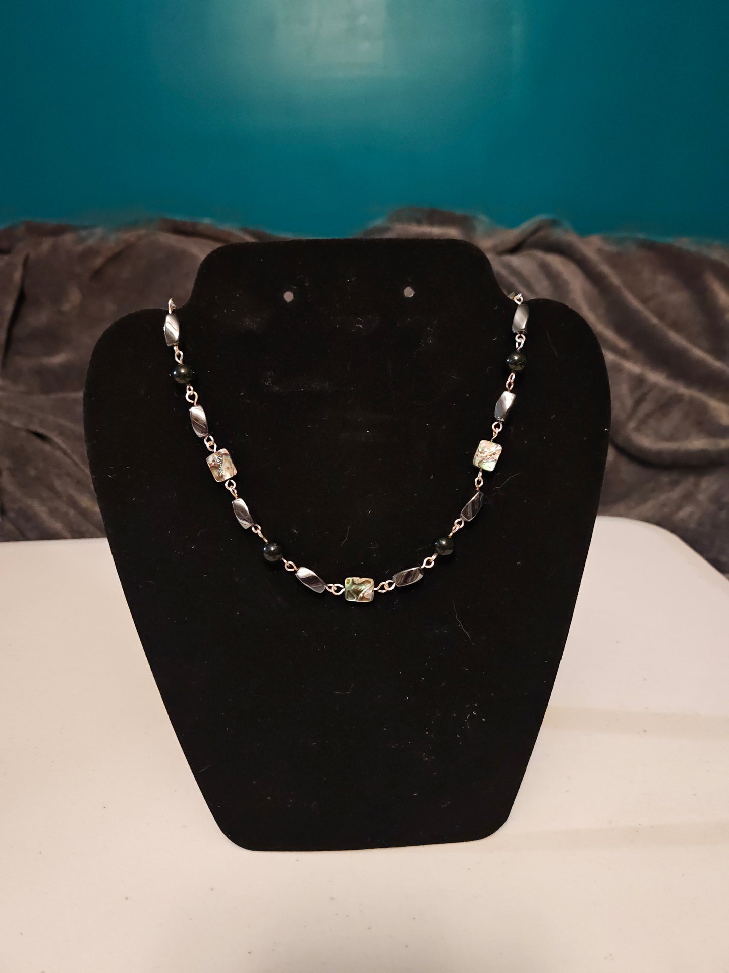 Hematite, Green Sandstone, and Shell Necklace - 12