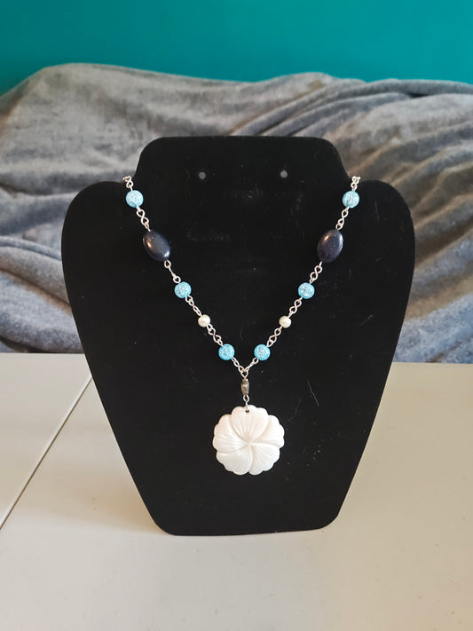 Blue Glass and Blue Sandstone Necklace with Flower Pendant - C67
