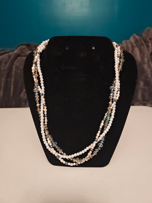Three Strand Necklace with crystal, faux pearl and freshwater Pearl - M1