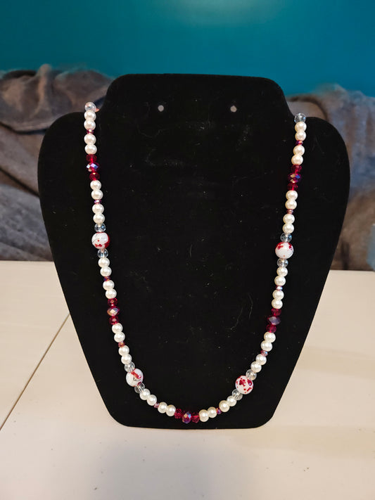 Red and White Beaded necklace - S31