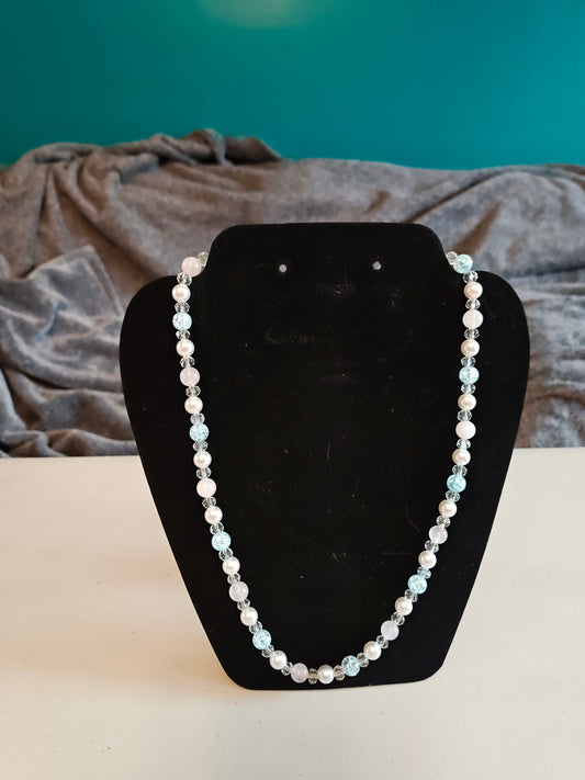 Pink Quartz, Blue Glass, and Glass Pearl Necklace - 19