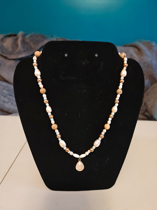 Freshwater Pearl and Jasper Necklace with Quartz Pendant - S30