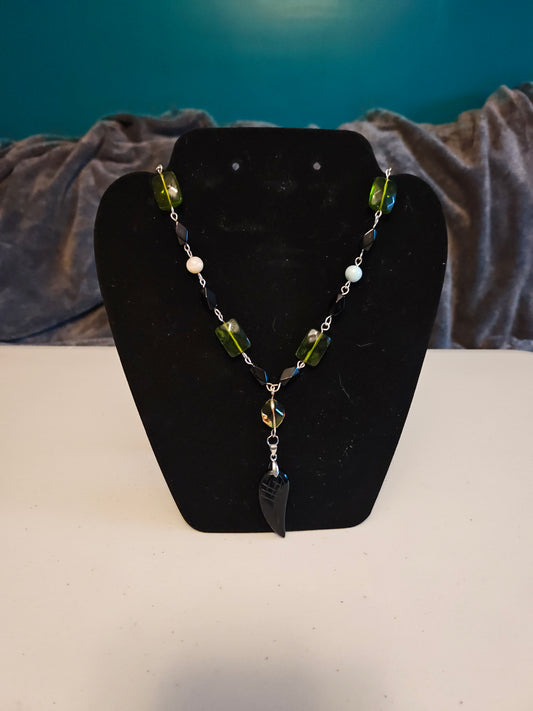 Crystal and Amazonite with Black Feather Pendant Necklace - C53
