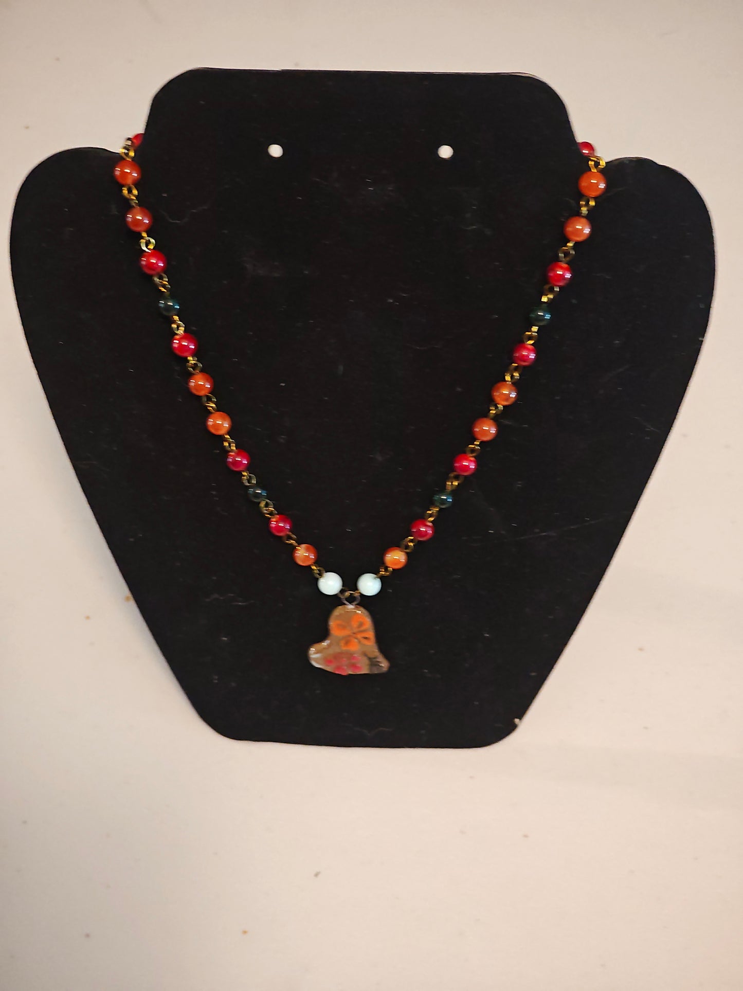 Red and Orange Beaded Necklace with Heart Shaped Pendant - C109