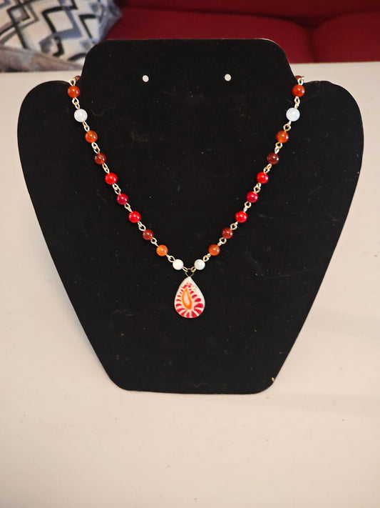 Red and Orange Beaded Necklace with Red and Orange Paisley Pendant - C113