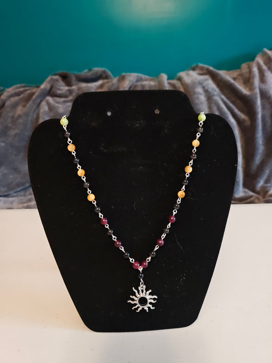 Multicolor Stone Necklace with Sun Pendant - C47