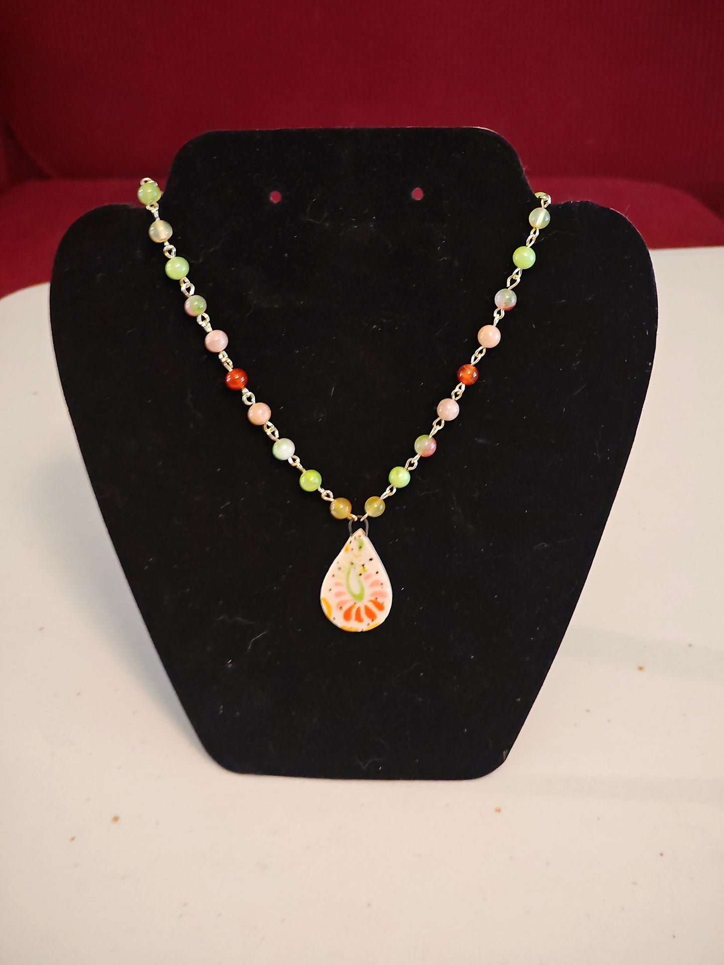 Green and Orange Beaded Necklace with Paisley Pendant - C117