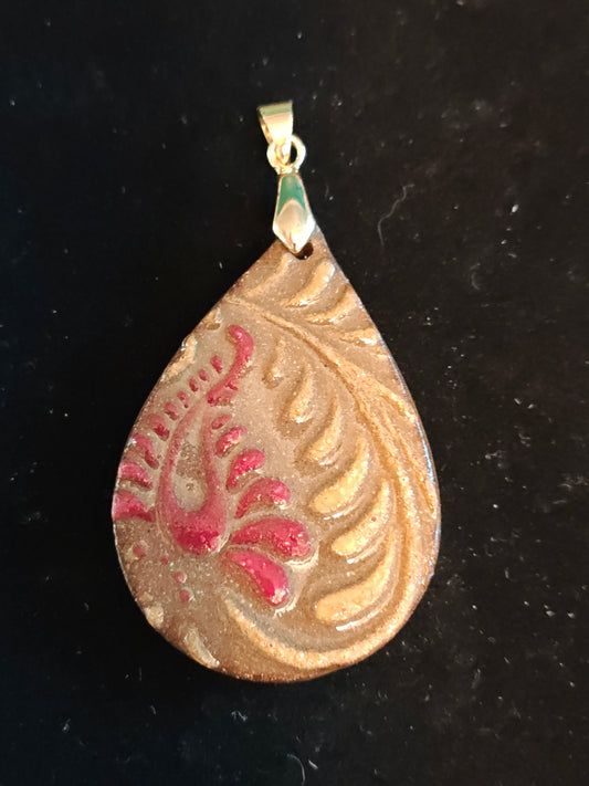 Red Paisley and Yellow Scrollwork Pendant - P59