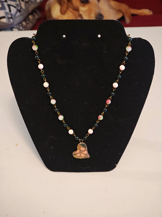 Pink and Green Beaded Necklace with Heart Shaped Pendant - C107