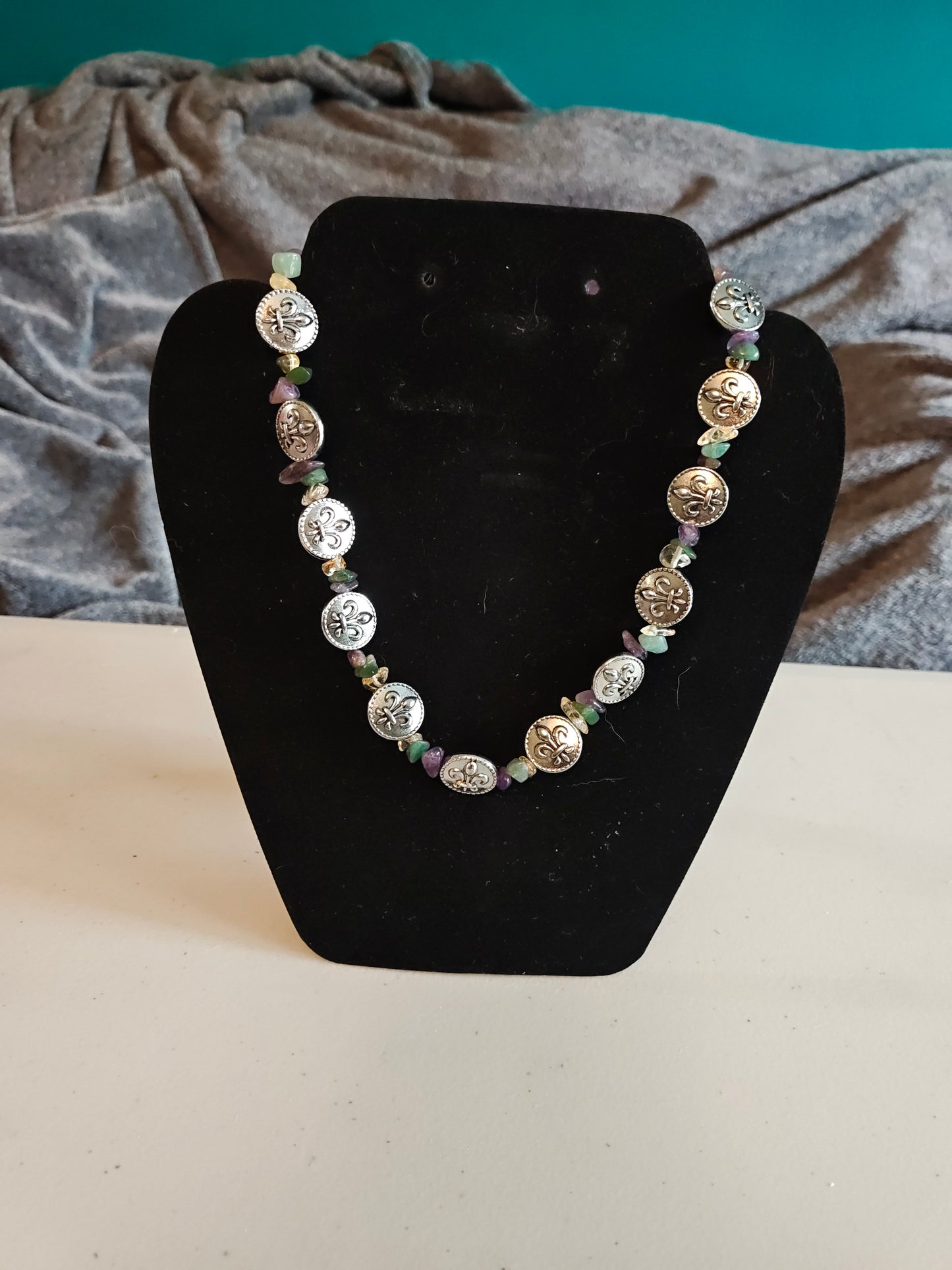 Green, Yellow, and Purple Necklace with Fleur de Lis - 7