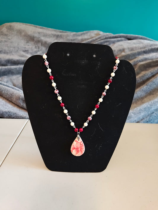 Red and White Necklace with Red Pendant - 63